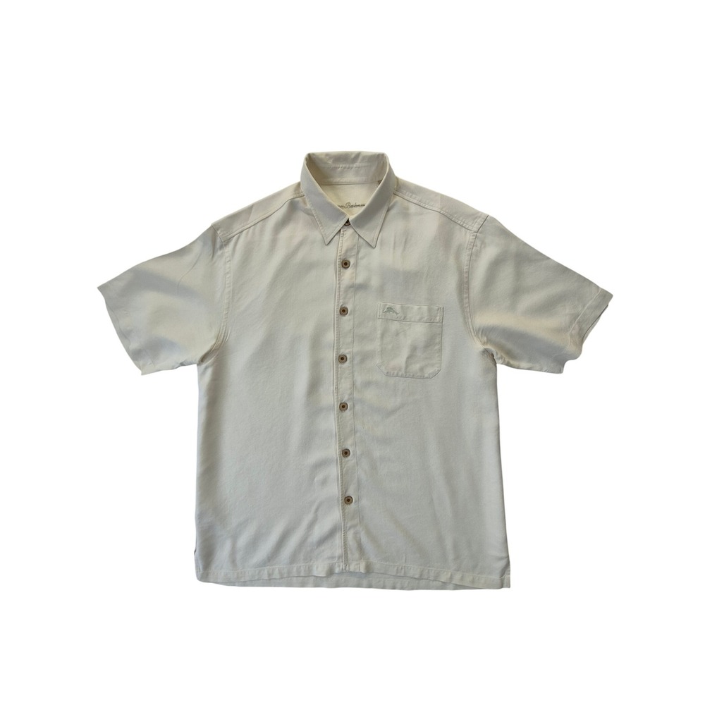 Tommy Bahama Mens Large 100% Silk Waffle Weave Shirt Cream Short Sleeve